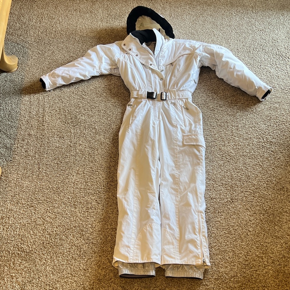 Obermeyer White Hooded Snowsuit with Belt